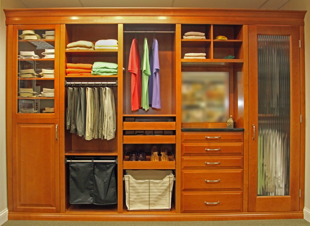 Reach In Mens Wood Closet with Custom Moldings