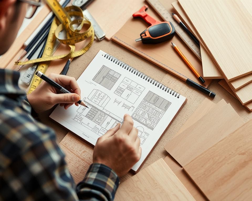 Man sketching custom cabinet designs in a notepad with wood samples and carpenter tools.